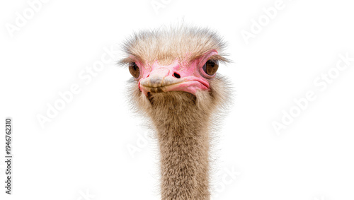 Canvas Print Isolated funny close-up of a curious ostrich head and long neck looking directly