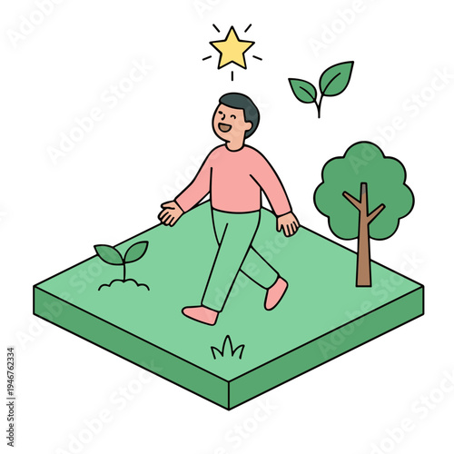 A man walks on a green platform surrounded by a tree, plants, and a shining star.