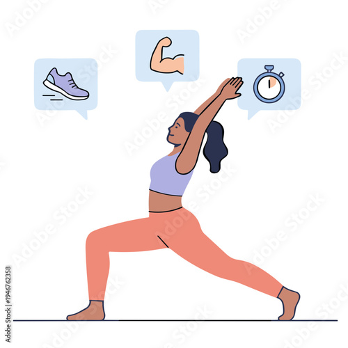 A woman is doing a yoga pose with thoughts of a shoe, muscle, and clock.