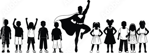 Superhero silhouette with children, role model figure, inspiration symbol, empowerment concept, youth admiration, guidance icon, dynamic pose, vector illustration design