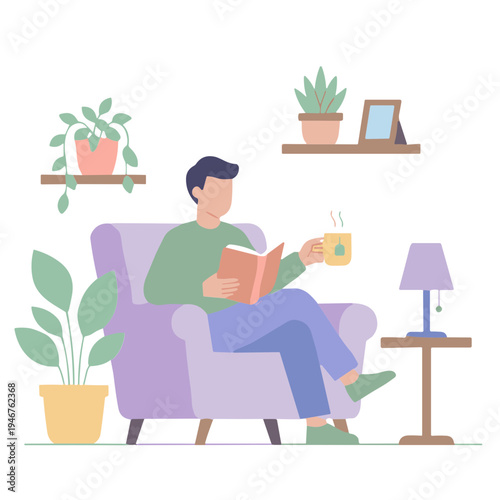A man sits on a couch reading a book and holding a cup of coffee in a cozy living room with plants.