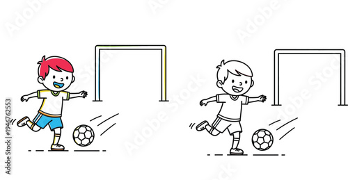 Cute Cartoon Boy Playing Soccer Color and Black White Outline Coloring Page Vector Illustration