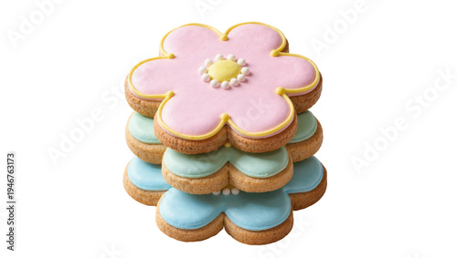 Obraz na plátně Isolated stack of vibrant flower-shaped sugar cookies with pastel royal icing, d
