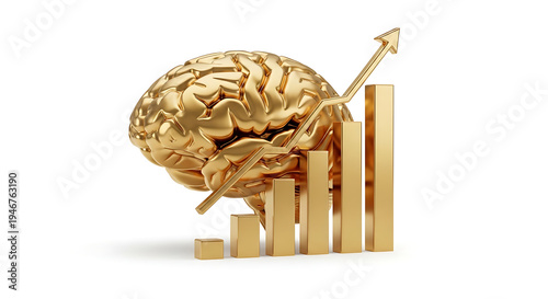Golden brain with growing graph, business concept