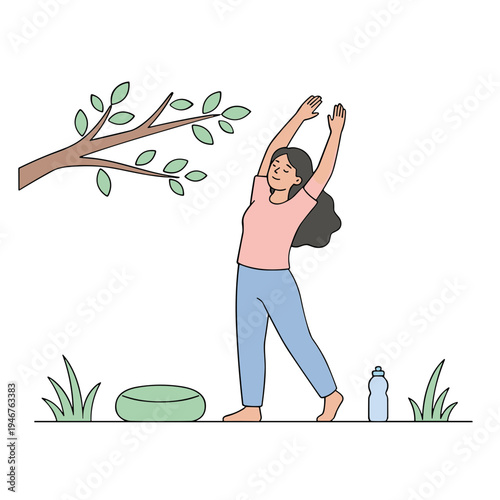 Woman stretches under tree branches with yoga mat and water bottle nearby outdoors