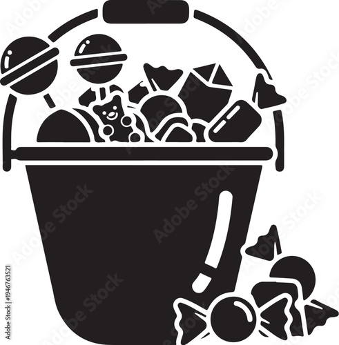 Black vector icon of a bucket filled with assorted candies