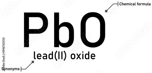 Lead (II) oxide chemical formula with callout titles
