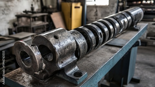 crankshaft. Steel crankshaft with oil stains resting on a workshop bench, industrial metal texture under focused lighting. safety posters.