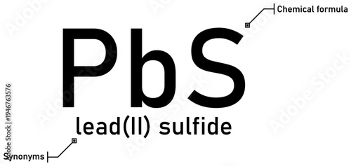 Lead (II) sulfide chemical formula with callout titles