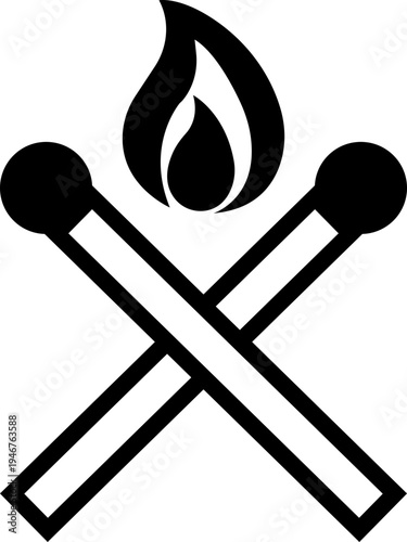 Matchstick icon. Simple fire starter symbol, Wooden safety match stick illustration, Minimal vector symbol for fire, ignition, heat, danger, safety, camping, survival, energy and warning concept.
