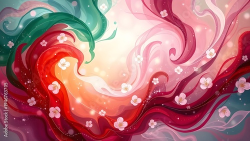 Elegant abstract waves with soft floral blossoms flowing in vibrant red, pink, and green tones. Artistic background with dreamy movement and delicate flowers for creative designs.