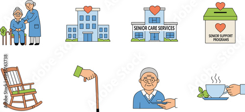 Senior Care Vector Illustration Showing Elderly Support Facility and Assistance Services