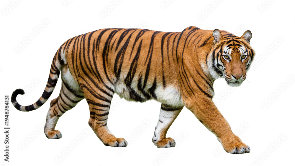 Obraz premium Isolated powerful tiger walking and looking at viewer, majestic wild animal portrait