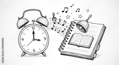 Alarm clock and open book with musical notes illustration.