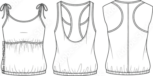 Tank top technical sketch, tied strap, racerback, scoop neck, fitted silhouette, garment construction, cad drawing flat vector illustration