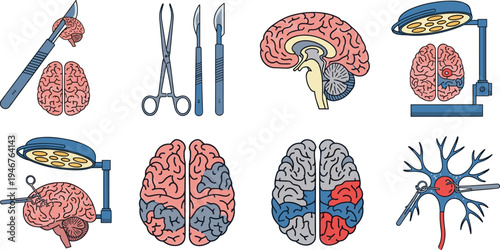 Brain Surgery Vector Illustration Showing Neuroscience Tools Anatomy and Neural Concepts