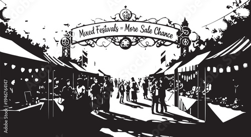 Black and white vector illustration of a marketplace scene with banner