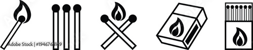Matchstick and matchstick box icon set. Simple fire starter, Wooden safety illustration, Minimal vectors symbol for fire, ignition, heat, danger, safety, camping, survival, energy and warning concept.