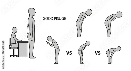 Illustration of good and bad posture for standing and sitting.