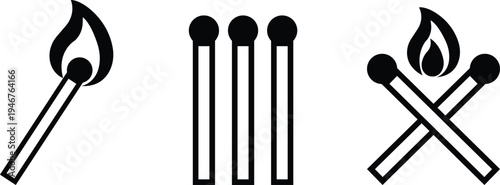 Matchstick black icon set. Simple fire starter, Wooden safety match stick illustration, Minimal vectors symbols for fire, ignition, heat, danger, safety, camping, survival, energy and warning concept.