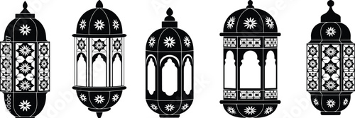 Traditional Islamic lantern vector collection, ornate Ramadan Arabic lamps set, decorative hanging Muslim lantern silhouettes isolated festival illustration design