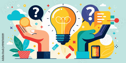 A hand holding a bright light bulb symbolizes a creative business idea and innovation in this modern technology vector illustration