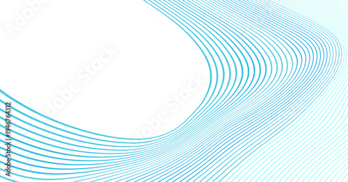 滑らかな曲線ラインが広がるミニマルな抽象テクノロジー背景素材、ブルーグラデーションの流線形デザインとコピースペースのあるモダンビジネスイメージ