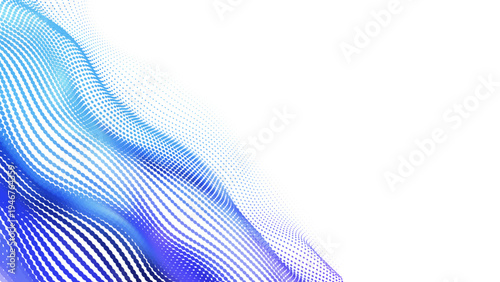 青い粒子ドットが波のように流れるデジタルデータの抽象背景素材、AI・ビッグデータ・通信ネットワーク・DXテクノロジーをイメージした未来的テクノロジーバックグラウンド