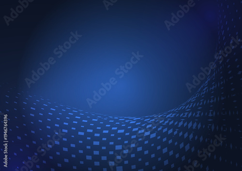 ダークブルーのスクエアドットが波状に広がるデジタルネットワークの抽象背景、AI・ビッグデータ・サイバー空間を表現したテクノロジーバックグラウンド