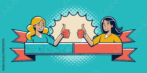 Cartoon vector illustration of two woman in two side with thumbs up gesture for review, feedback, competition, and any design needs