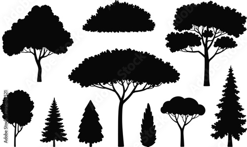 Tree silhouette vector collection, forest trees and bushes set, decorative nature landscape elements isolated botanical illustration bundle