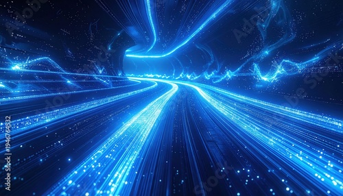 Abstract visualization of flowing blue digital data streams representing information pathways in a futuristic network