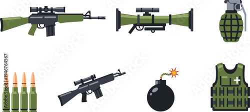 Military Weapon Vector Illustration Showing Rifle Rocket Launcher Grenade and Tactical Gear
