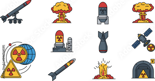 Nuclear Warfare Vector Illustration Showing Missiles Explosions and Radiation Symbols
