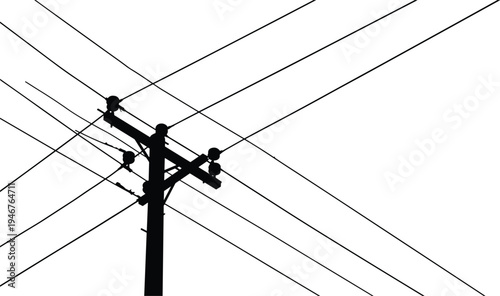 Utility pole silhouette, power lines, electrical structure, minimalist design, black and white, infrastructure, abstract geometry, insulators, crossarms, urban energy