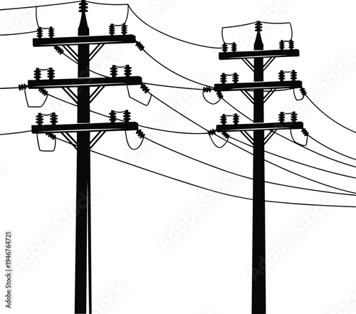 Utility pole silhouette, power line vector, electrical infrastructure sketch, flat illustration, cad drawing flat vector illustration