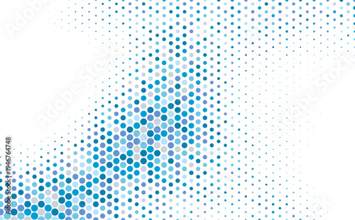 白背景に広がるブルーグラデーションのドットパターン抽象背景素材、粒子の流れでデータやデジタルネットワークを表現したモダンで未来的なテクノロジーデザイン