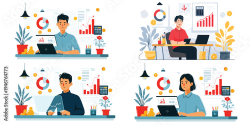 Business Professionals Analyzing Financial Data with Charts and Laptops in a Modern Office Setup