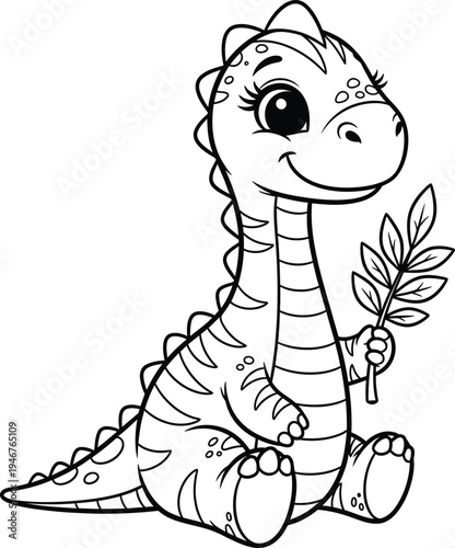 A cute cartoon dinosaur holding a leafy branch with a happy expression