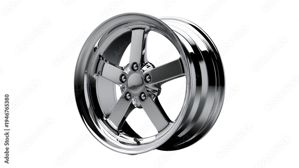 Obraz premium Isolated polished chrome alloy five-spoke car wheel rim for high-performance vehicles