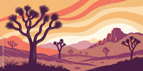 USA, US, U.S, United States - Joshua Tree National Park Surreal Desert Trees Sunset Panorama | Colorful Sky Artistic Landscape Wall Art Poster | California Mojave USA Scenic Print