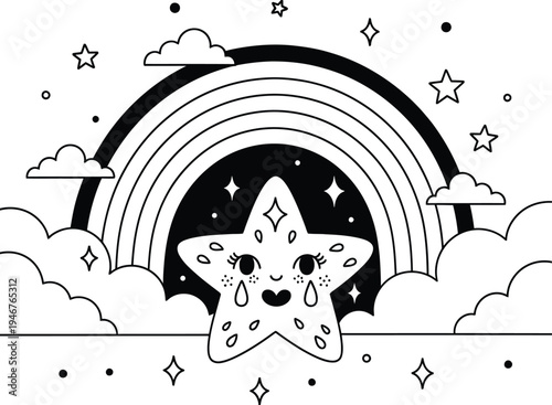 A smiling star under a magical rainbow with clouds and sparkling stars in the night sky surrounded by whimsical celestial elements and dreamy atmosphere