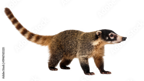 Isolated coati standing side view with distinct black face and long striped tail