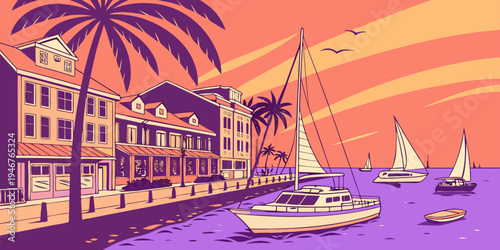 USA, US, U.S, United States - Key West Colorful Harbor Sunset Panorama | Tropical Coastal Vacation Landscape Wall Art Poster | Florida Island Ocean Reflections USA Scenic Print