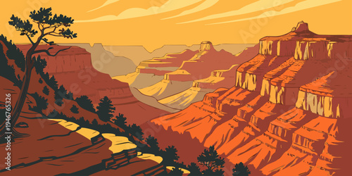 USA, US, U.S, United States - Grand Canyon Sunrise Canyon Panorama | Glowing Orange Cliffs and Dramatic Shadows Epic Travel Poster | Arizona Desert Scenic USA Landscape Print