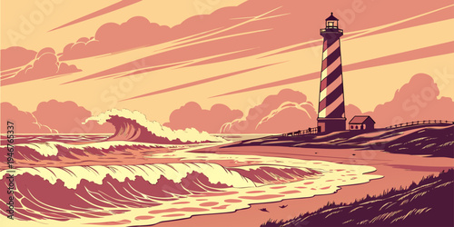 USA, US, U.S, United States - Outer Banks Ocean Lighthouse Sunrise Panorama | Dramatic Waves Coastal Seascape Wall Art Poster | North Carolina Atlantic USA Scenic Print