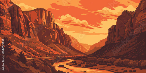 USA, US, U.S, United States - Zion National Park Towering Sandstone Canyon Sunset Panorama | Glowing Red Cliffs Epic Desert Landscape Wall Art Poster | Utah Scenic USA Nature Print