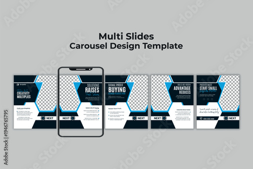 Modern blue geometric corporate carousel slides for social media marketing and business presentation