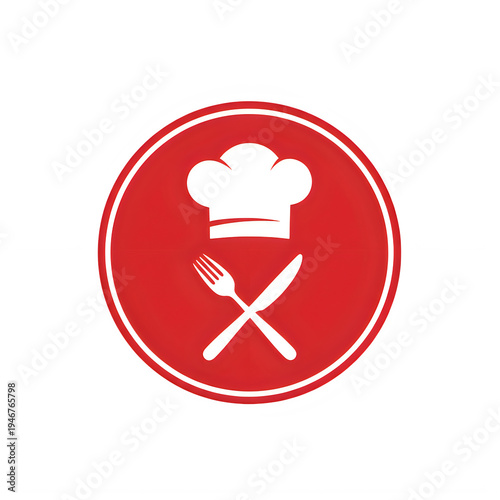 Chef hat and crossed forks icon on vibrant red circular background for restaurant and food industry