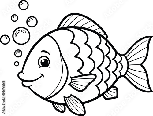 A cheerful cartoon fish swimming with bubbles rising from its mouth in a playful underwater scene with a smiling face